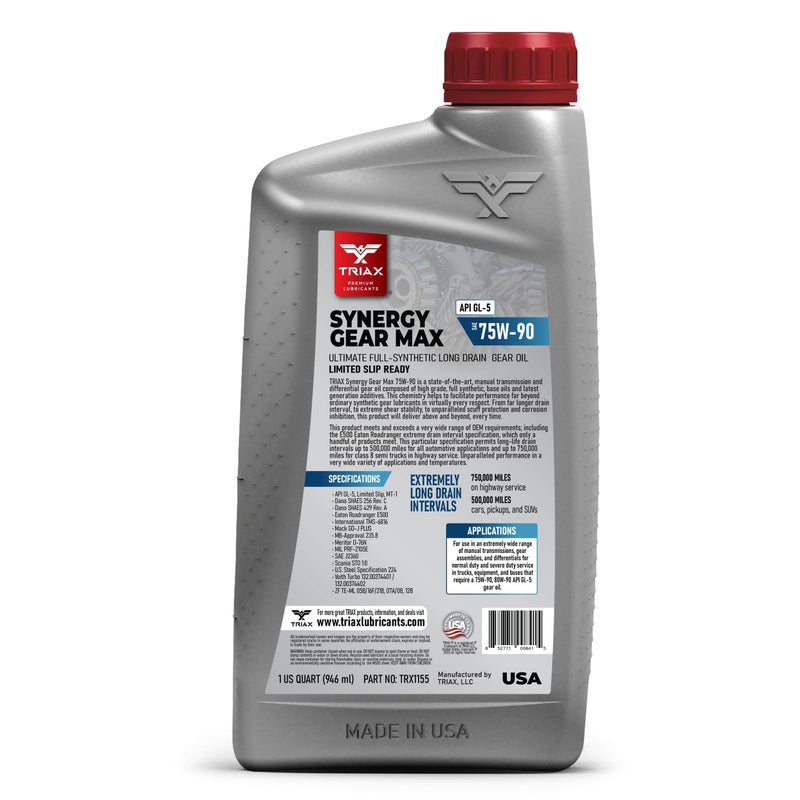 Triax Synergy Gear Max 75W-90 GL-5 Limited Slip, Ultra Long Drain 500k Miles, Manual Transmission, Gear/Differential Lubricant (1 Quart) - Image 2